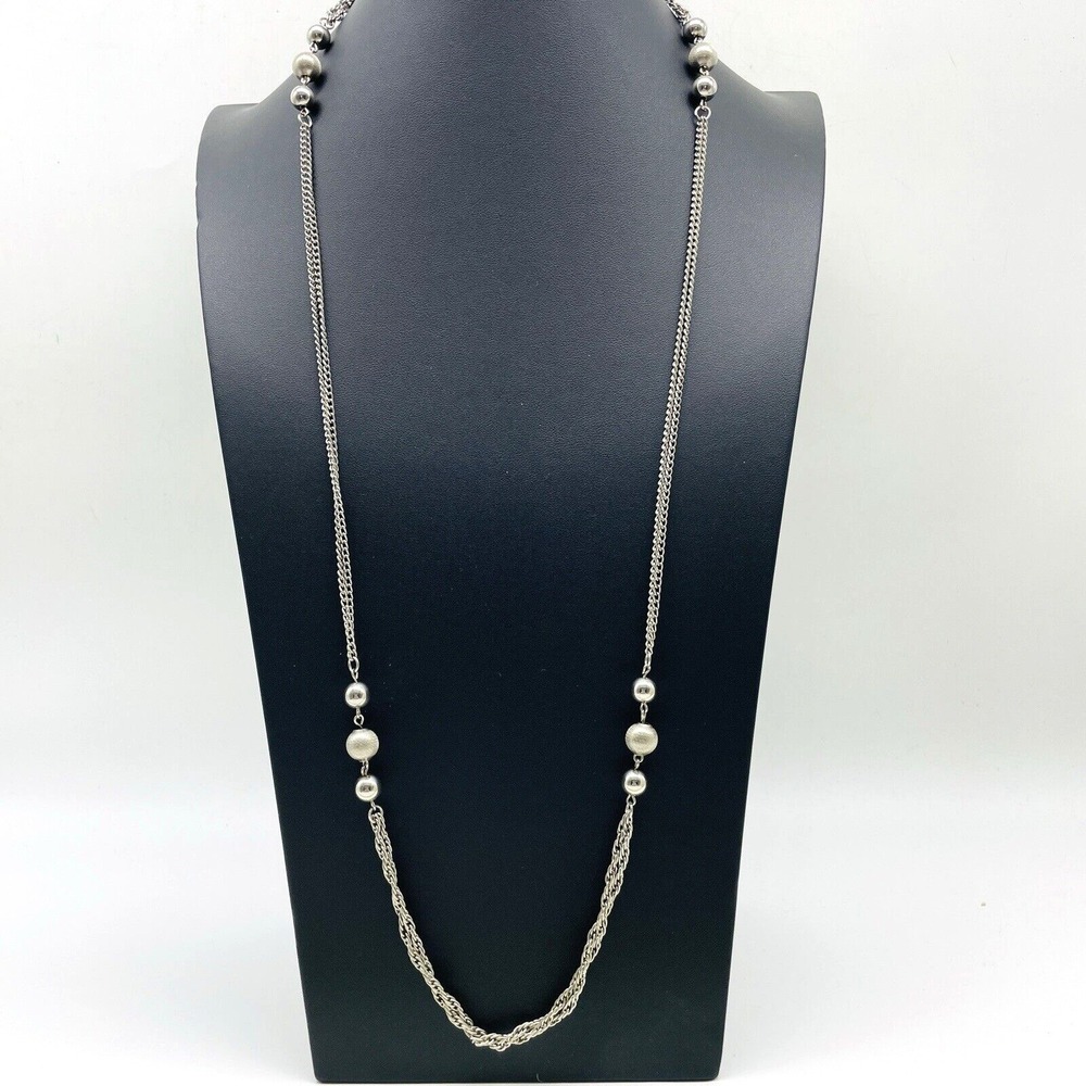 Silver Tone Long Station Necklace Beaded Accents Chain